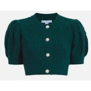 Hill House Ollie Sweater Green Cardigan Sz L MERINO WOOL CRYSTALS PEARLS Preppy